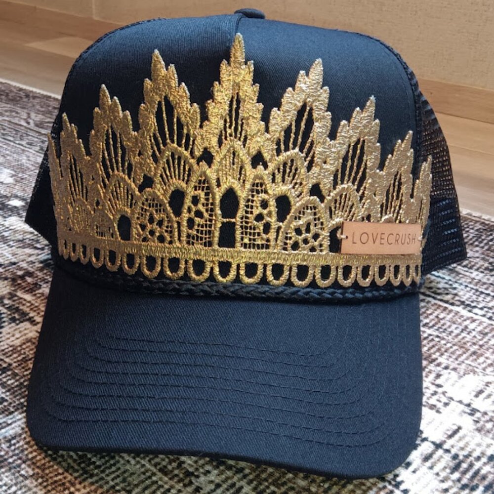 SOLD LOVE CRUSH Trucker Hat Snapback Black & Gold Crown One Size